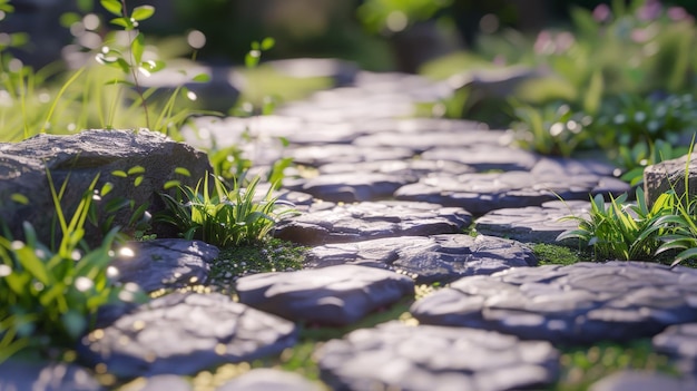 Garden stone path with grass growing up between the stonesDetail of a botanical garden