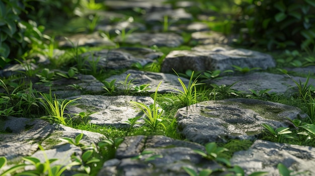 Garden stone path with grass growing up between the stonesDetail of a botanical garden