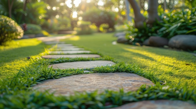 Garden stone path with grass growing up between the stonesDetail of a botanical garden