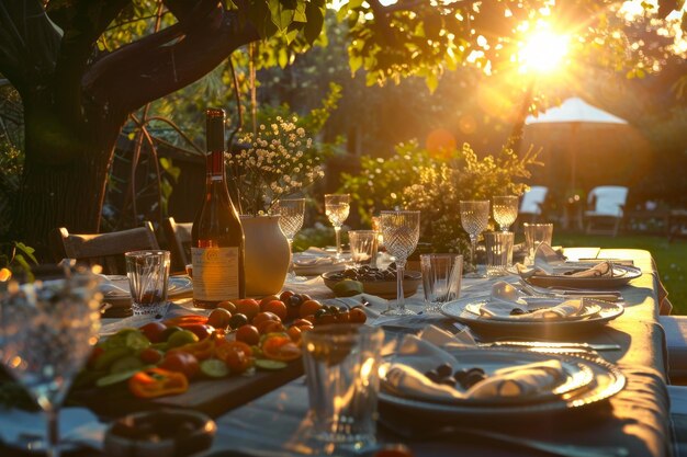 A garden summer party at sunset with silhouettes against the colorful sky