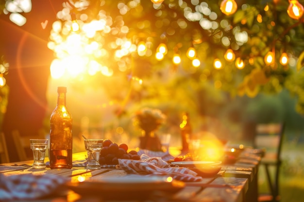 A garden summer party at sunset with silhouettes against the colorful sky