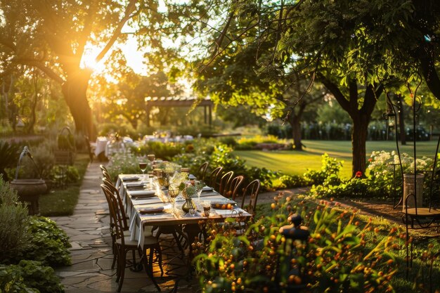 A garden summer party at sunset with silhouettes against the colorful sky