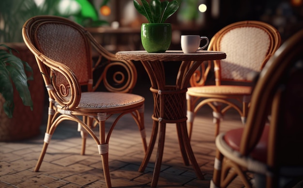 a garden table and chairs made from rattan with a cup of coffee on it. ai generated