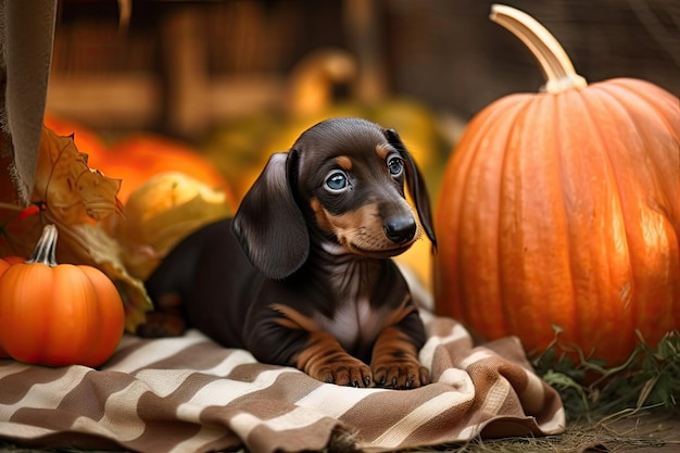 In the garden there is a Dachshund puppy and pumpkins