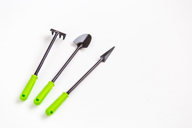 Garden tool for seedlings on white wooden background. Preparation for the planting season. Selective focus.