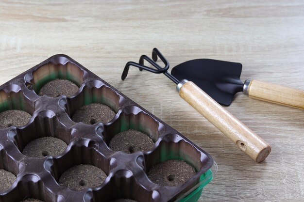 Garden tools with vegetable seedlings A mold with seedling soil on a wooden background