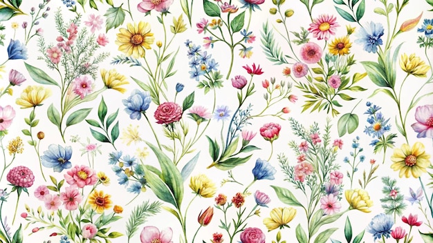 Garden Watercolor Floral Seamles Pattern Hand painted Watercolor Wildflowers Twigs Leaves Buds Design for fashion fabric textile wallpaper cover web wrapping