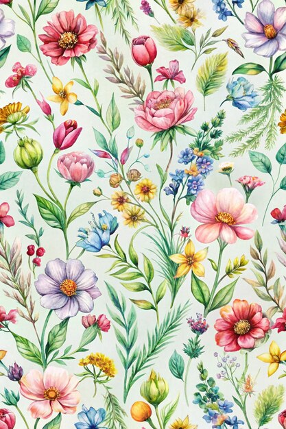 Photo garden watercolor floral seamles pattern hand painted watercolor wildflowers twigs leaves buds design for fashion fabric textile wallpaper cover web wrapping