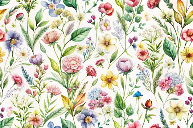 Garden Watercolor Floral Seamles Pattern Hand painted Watercolor Wildflowers Twigs Leaves Buds Design for fashion