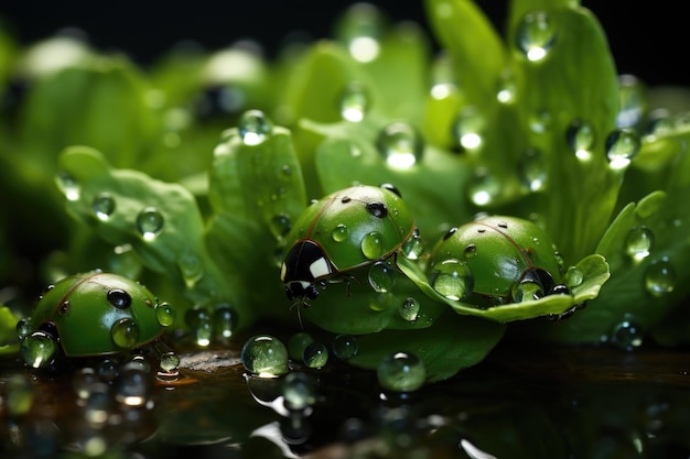 Photo garden watercress with closeup background of ladybugs generative ia