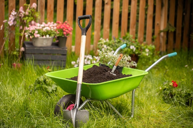 A garden watering can gloves small shovel garden wheelbarrow on a green lawn Gardening idea