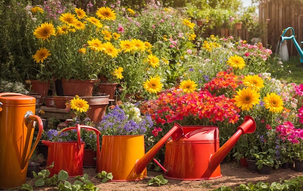 Garden watering cans color in flowerpots in the summer garden