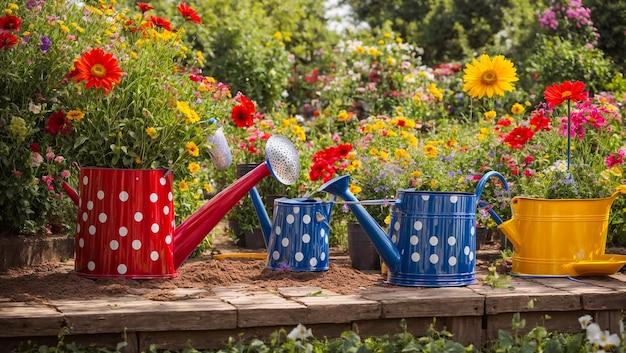 Garden watering cans color in flowerpots in the summer garden