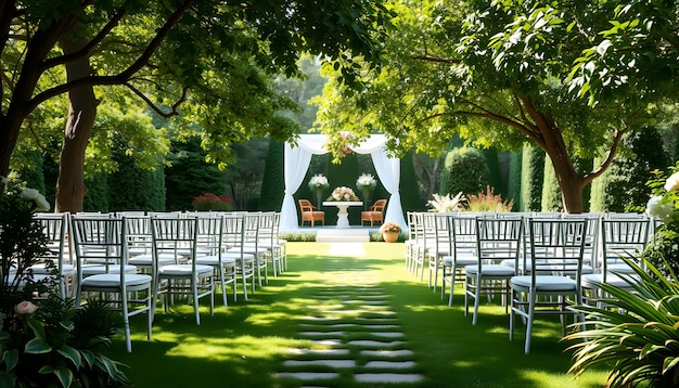 Photo garden with banquet chairs for wedding isolated with white highlights