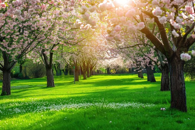 Garden with beautiful cherry trees on lush green lawn