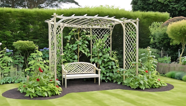 a garden with a bench and a bench in the middle of it