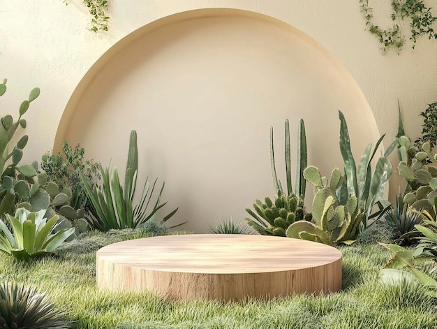 a garden with a bench and plants and a round table