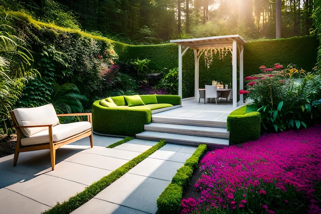 Photo a garden with a bench and a table with chairs and a table