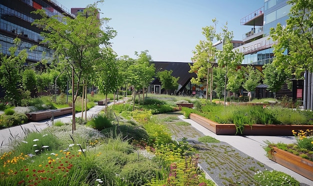 a garden with a building in the background and a building in the background