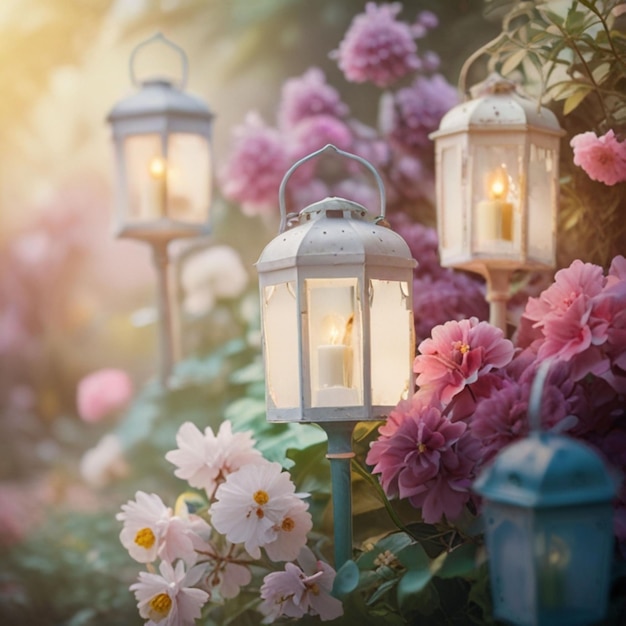 a garden with a bunch of flowers and a lantern