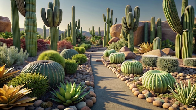 a garden with cactus and cactus plants and rocks