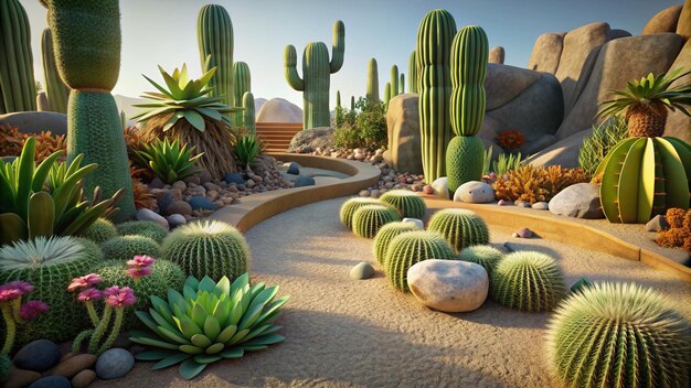 a garden with a cactus garden and cactus and cactus