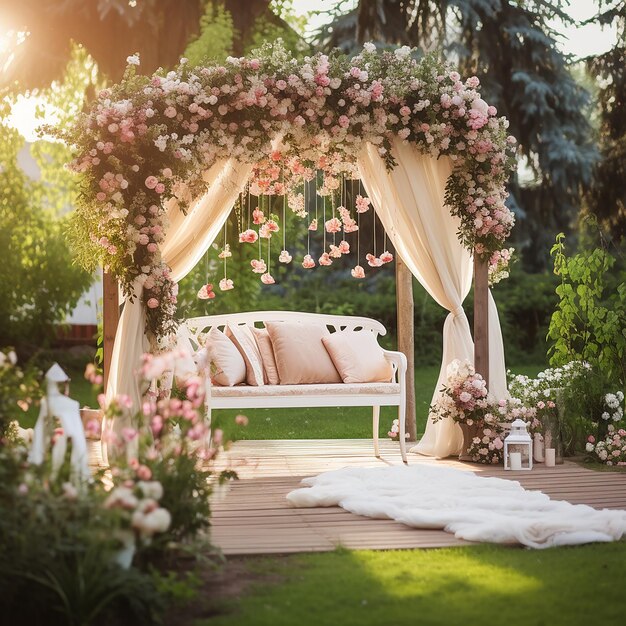 Photo a garden with a canopy over it and a bed with a white blanket on it