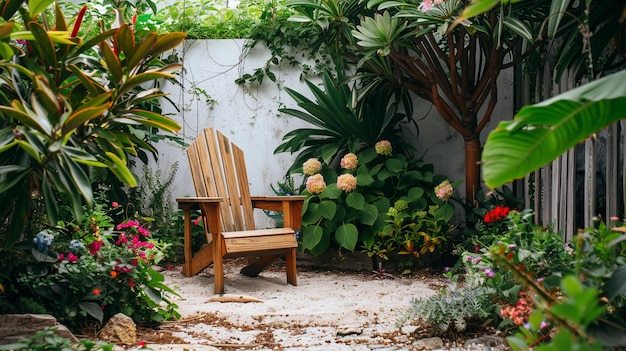 a garden with a chair and a chair in the foreground