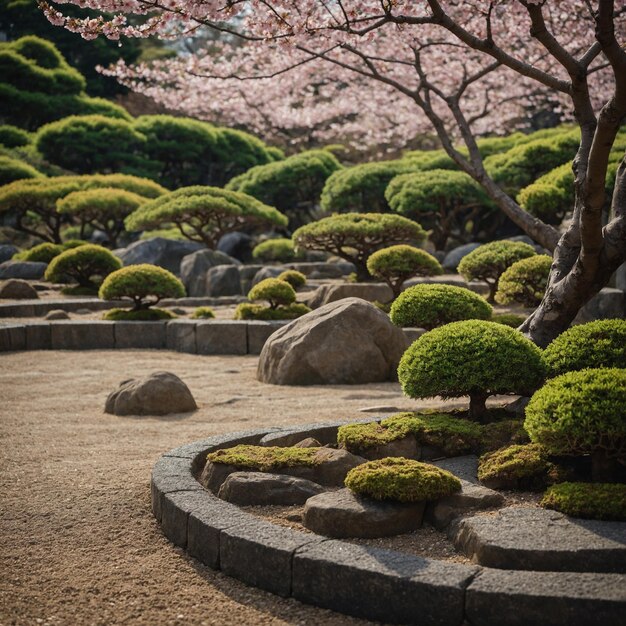 Photo a garden with a circular stone circle with a tree in the middle