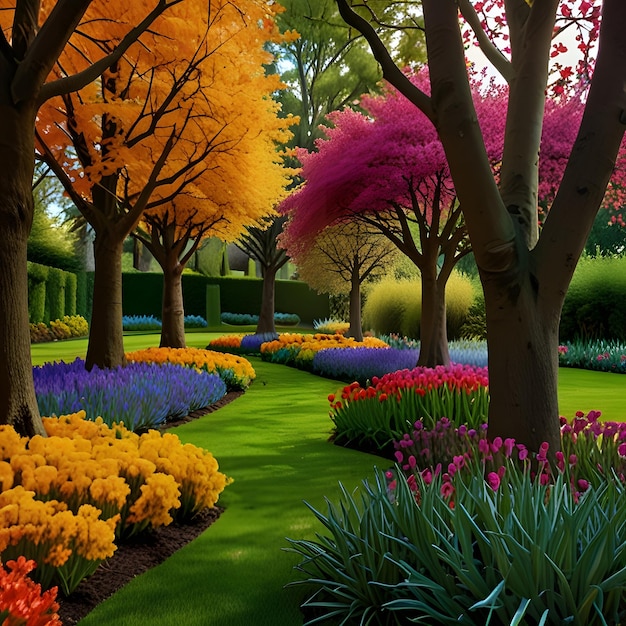 Photo a garden with a colorful flower garden and a colorful garden