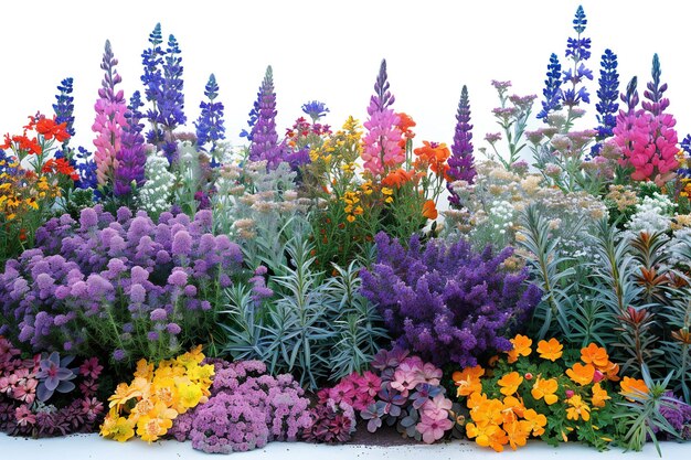 A garden with colorful flowers in white background