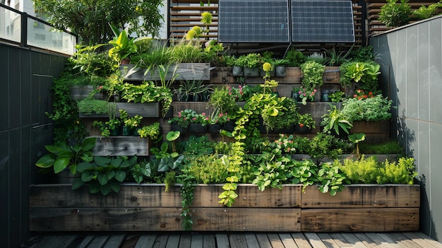 Garden With Diverse Plants On Urban Balcony Solar Panels Sustainability Green City AI Generated