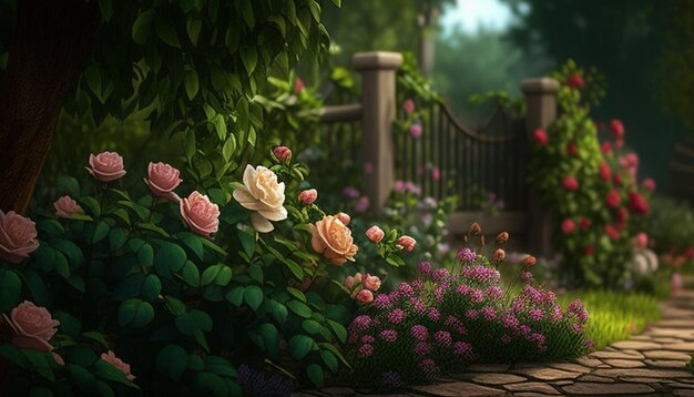 a garden with a fence and flowers and a fence with a fence in the background