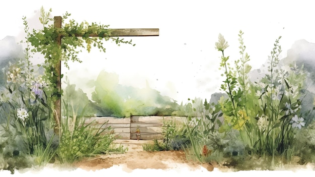 garden with fence watercolor illustration