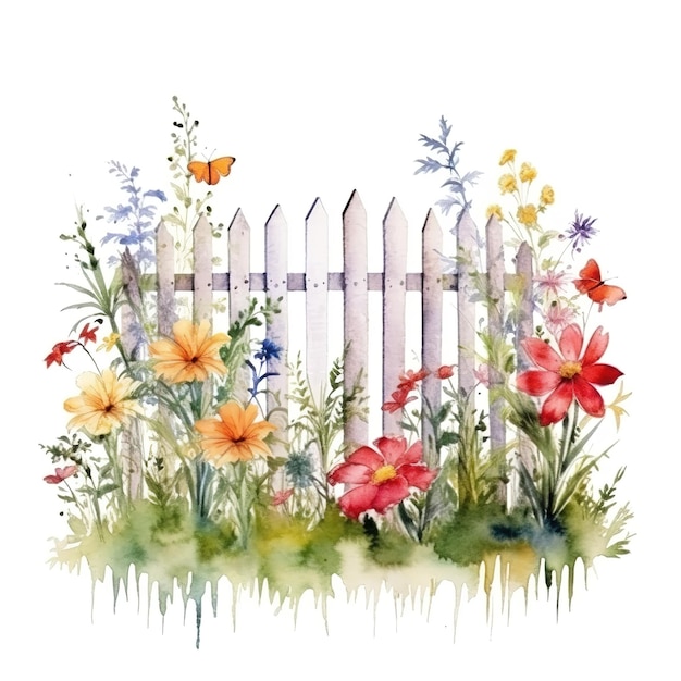 garden with fence watercolor illustration