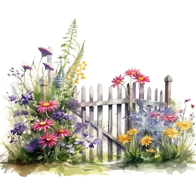 garden with fence watercolor illustration