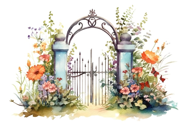 garden with fence watercolor illustration