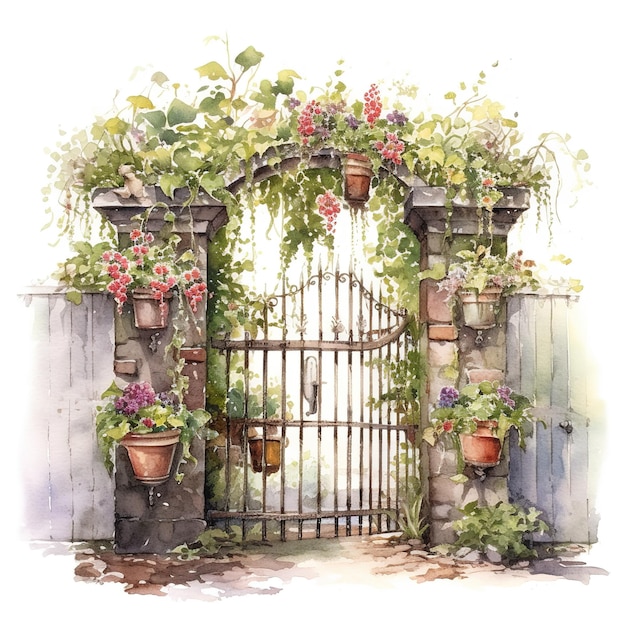 garden with fence watercolor illustration