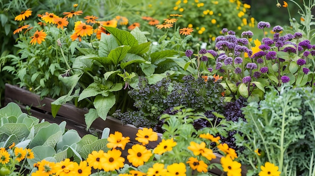 Photo a garden with flowers and a basket of flowers