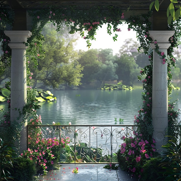 a garden with flowers and a bridge over the water