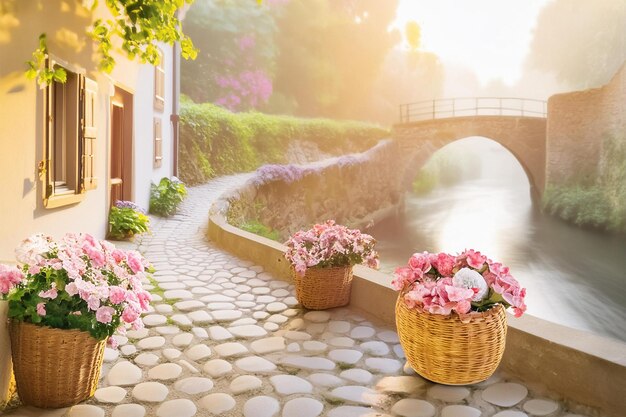 a garden with flowers and a bridge