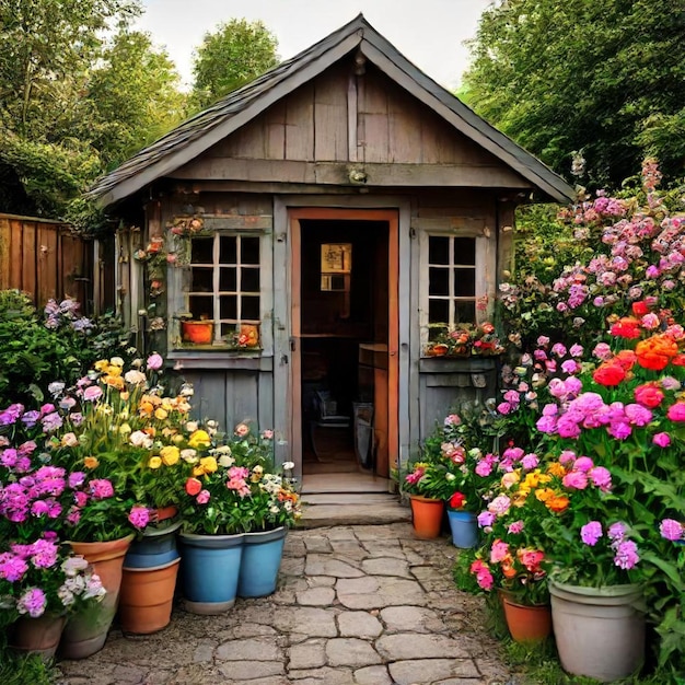 a garden with flowers and a door that says  welcome