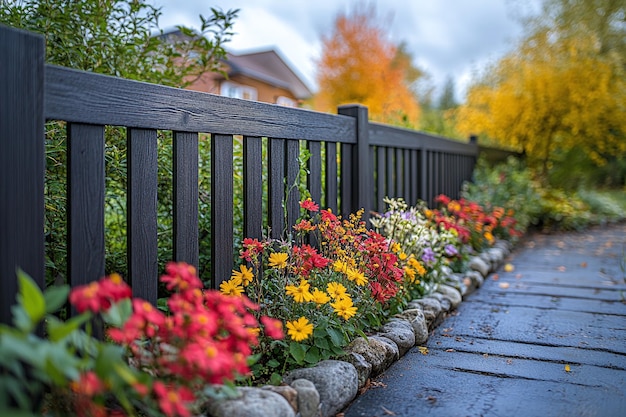 a garden with flowers and a fence with a house in the background