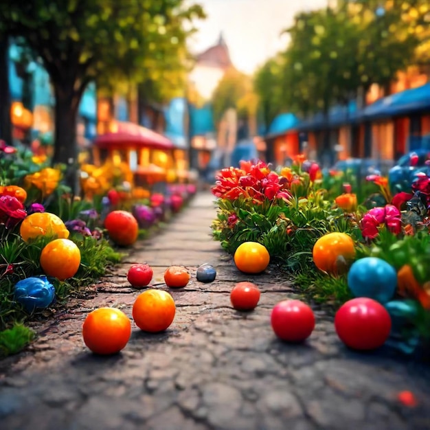 Photo a garden with flowers and fruit on the ground