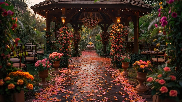 Photo a garden with flowers and a gazebo with a sign that says  welcome to the garden