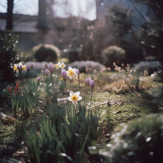 A garden with flowers and a house in the background