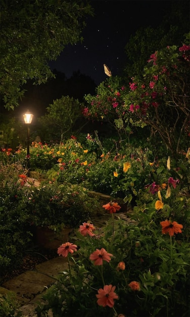 Photo a garden with flowers and a lantern in the background