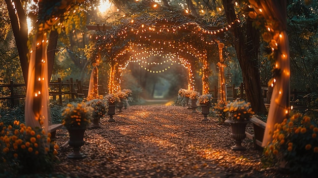 Photo a garden with flowers and lights on the trees