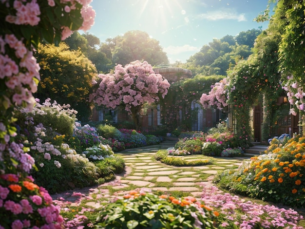 A garden with flowers and a path that says'garden of roses '