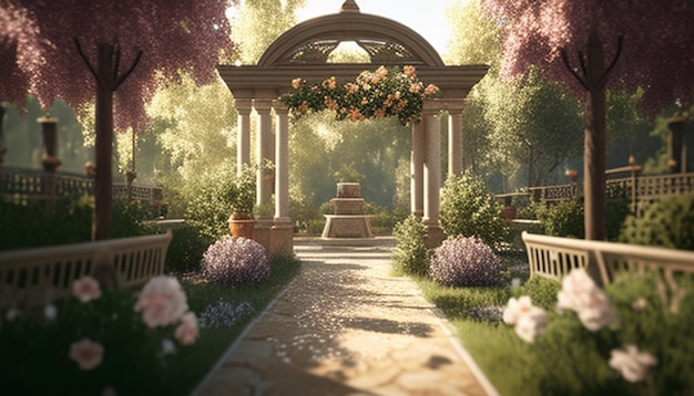 a garden with flowers and a stone walkway